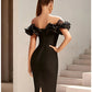 Women's Off Shoulder Bandage Midi Dress Luxury Design Ruffled  Elegant Black Sleeveless Ruffled Sexy Club Party Evening Dresses