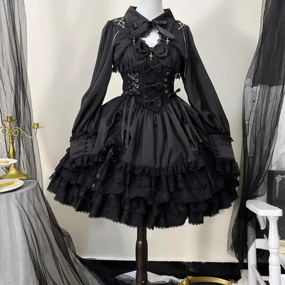 Japanese Lolita Dark Gothic Style JSK Lace Stitching Bow Lace-up V-neck Sleeveless High Waist Hot Sweet Black Cake Dress Women