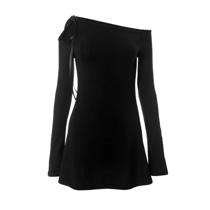 Black Dress For Women Streetwear Lace-up Inclined Collar Hot Vestidos Elegantes Para Mujer Long Sleeve Asymmetrical Y2k Clothes