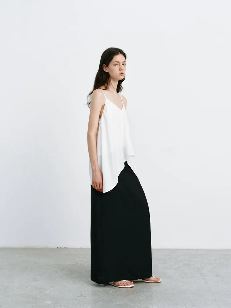 Elegant High-Waisted A- Line Skirt For Women Summer Commuting Long Dress Textile Song WhiteDrapedSideSlitLongDress