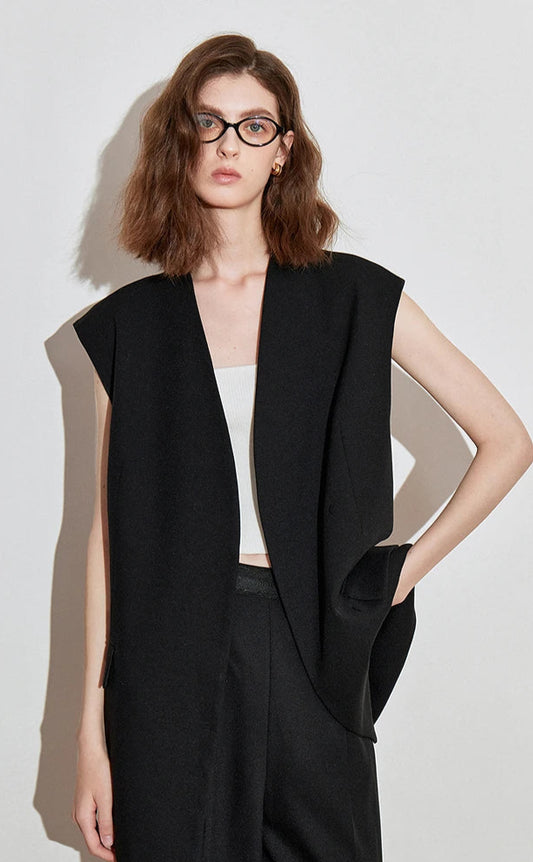 TOYOUTH Women Blazer 2025 Spring New Old Money Style Back Split Mid Length Sleeveless Elegant OL Workwear Jacket