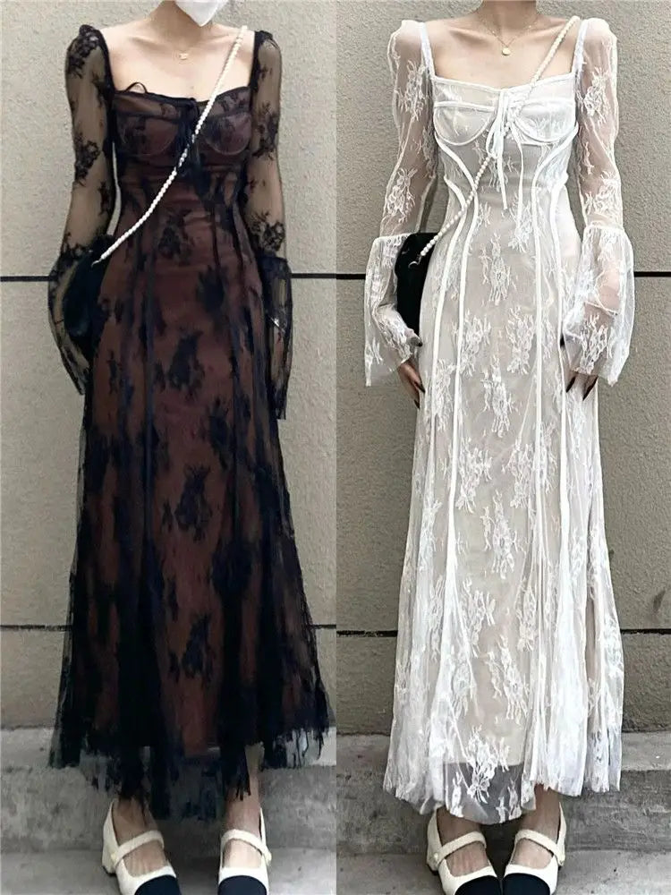2024 Spring Vintage Lace Dress Women Casual Even Party Dress Korean Fashion Clothing Outwear Slim Bodycon Black Dress Female Y2k