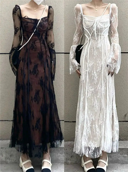 2024 Spring Vintage Lace Dress Women Casual Even Party Dress Korean Fashion Clothing Outwear Slim Bodycon Black Dress Female Y2k