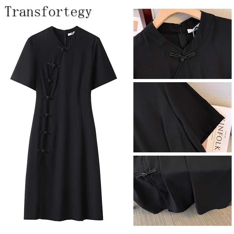 Plus size women's summer casual dress Chinese style modified cheongsam tray buckle decoration slit hem black polyester fabric