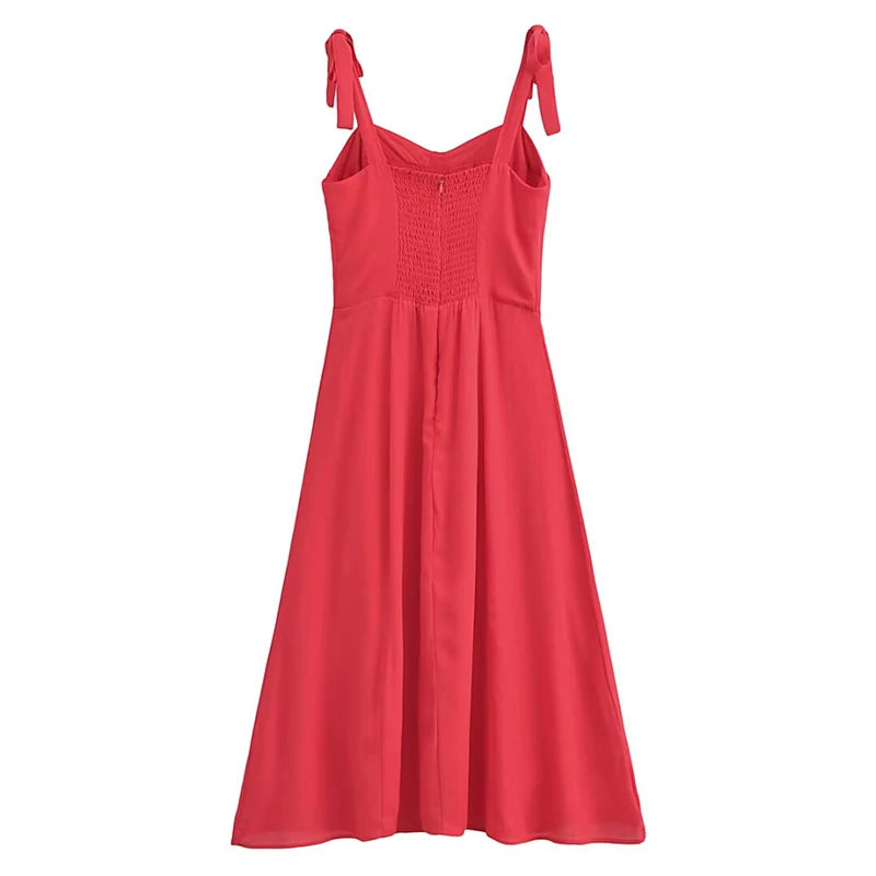 French Red Holiday Party Sling Summer Dress For Women Bow Shoulder A-line Slim Midi Chiffon Dresses