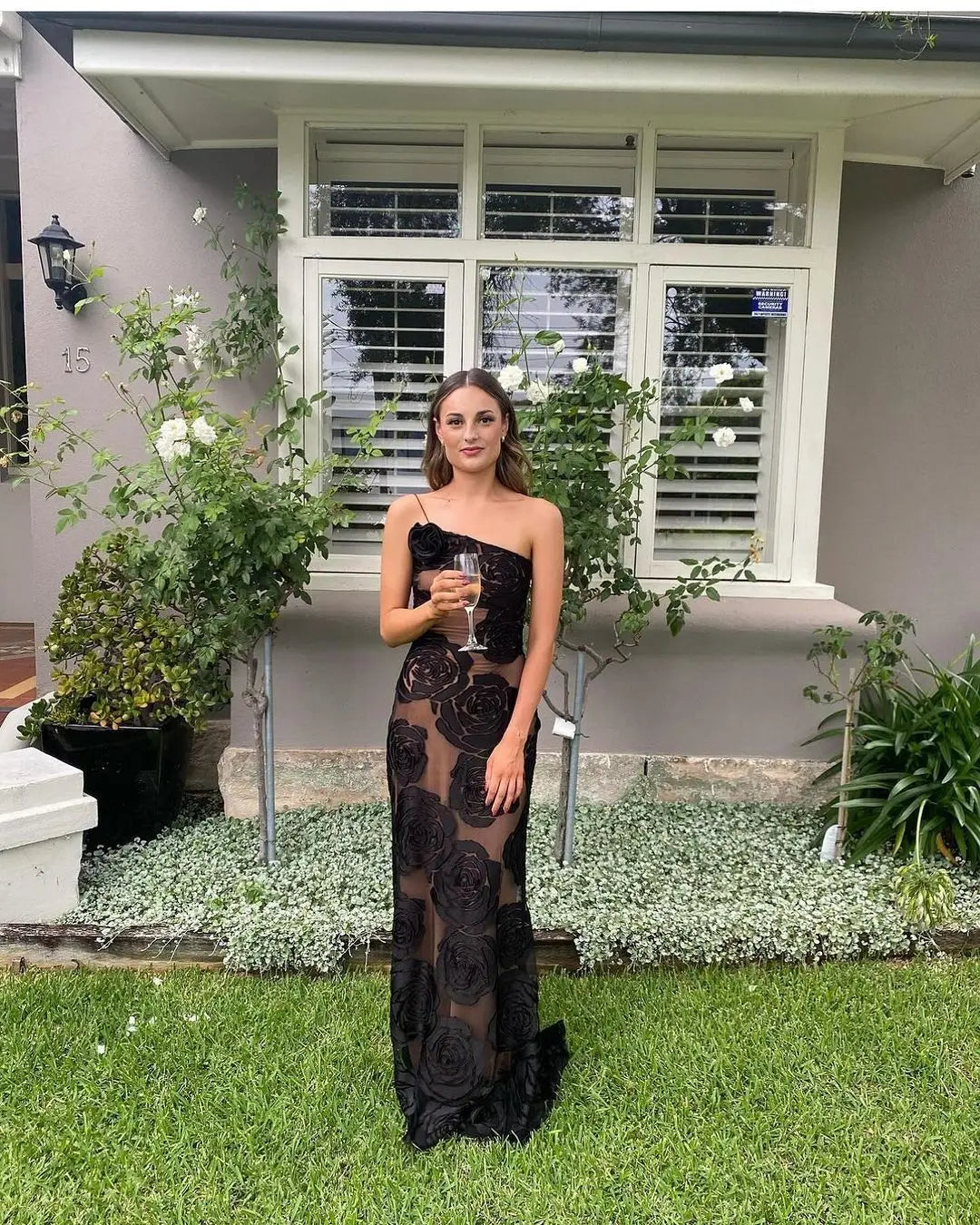 Mingmingxi Black Mesh Birthday Dress for Women 2024 One Shoulder Sexy Long Dress Slim Elegant Flower Wedding Guest Party Dresses