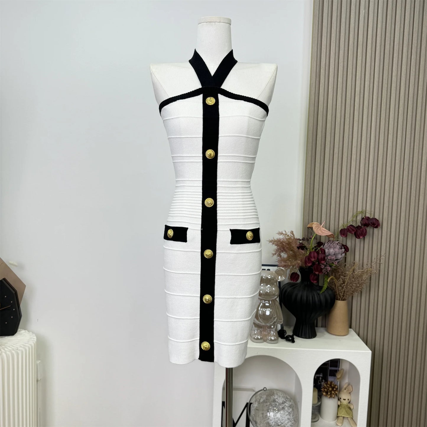 2025 Women Celebrity Sexy Backless Halter Button Bodycon Black Mini Bandage Dress Elegant Evening Club Party Dresses Vestidos