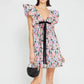 Women Vintage y2k Fairy Floral Print Mini Dress Boho V Neck Puff Sleeve Short Dress Bow Tie Flowy Dress Beach Holiday Sundress