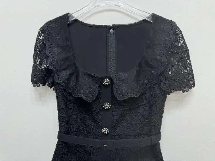 JAMERARY Brand Designer Summer Black Lace Evening Prom Dress Women Diamond Button Short Sleeve Midi Long Party Vestidos Quality