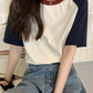 AOSSVIAO Summer Tops for Women Tshirt Turn Down Collar Short Sleeve Beige Blue Chic Y2k Fashion Patchwork 2025 T Shirts
