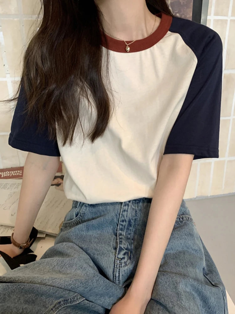 AOSSVIAO Summer Tops for Women Tshirt Turn Down Collar Short Sleeve Beige Blue Chic Y2k Fashion Patchwork 2025 T Shirts
