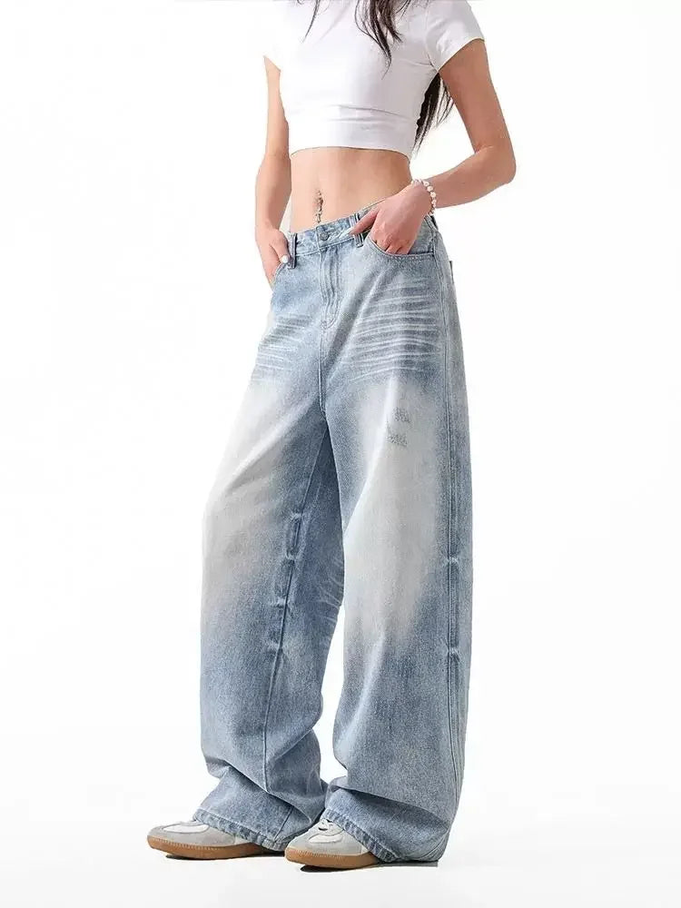 Retro American Light Blue Denim Jeans Loose Wide Leg Straight Floor-Length Trousers for Men And Women Autumn Fashion Brand