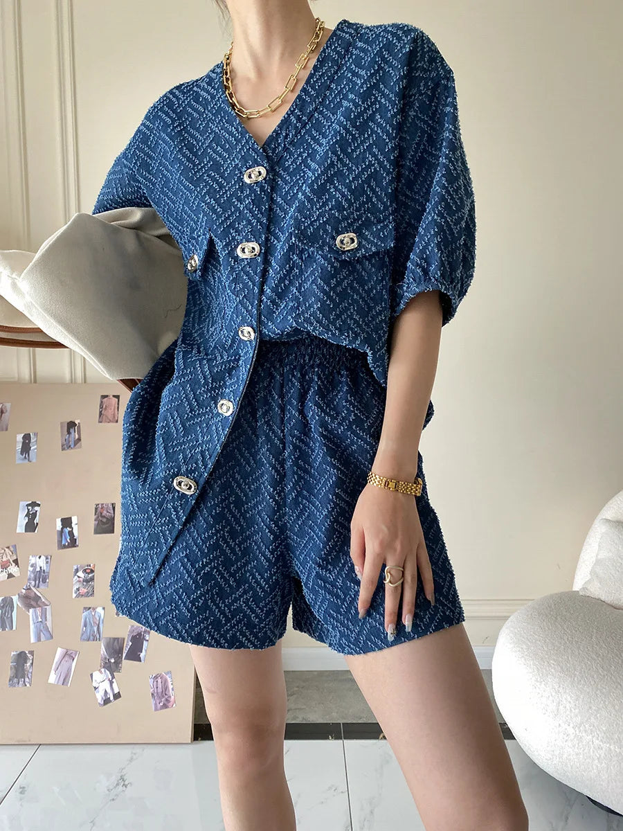 Women's Denim Short Sleeve Top and Shorts Two Piece Suit French Fashion Spring Summer Cowgirl Top Streetwear Korean Leisure New