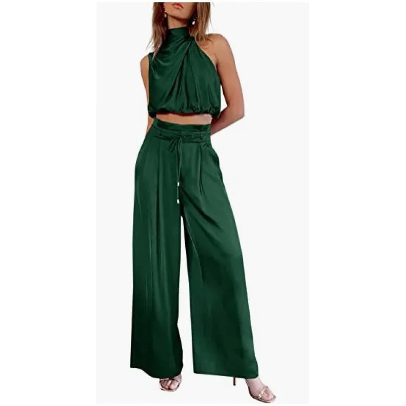 Women's Two Piece Pants Sets Open Navel Outfit Silk Pleated Texture Sleeveless Top Wide Leg Pants Set Summer Matching Sets 2024