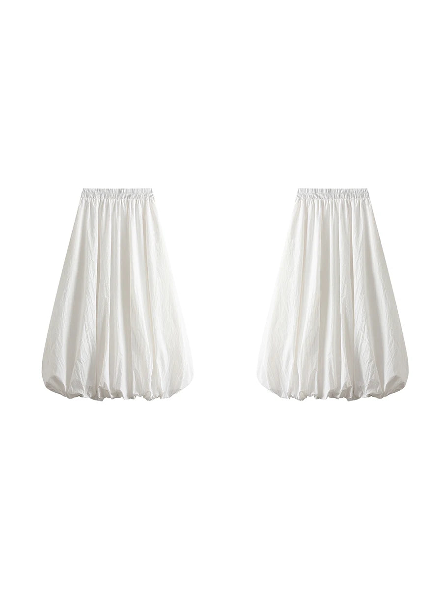 Combhasaki Women's Elegant Elastic High Waist Solid Color A-Line Pleated Puffball Hem Casual Flowy Balloon Bud Midi Skirts