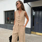Cotton Linen Blend Vest Wide Leg Pants Suit Spring and Summer Women's Casual Fashion Sleeveless Vest Pleated Low Waist Pants Set