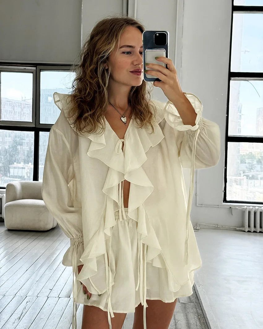 Tuularose New Casual Shorts Two-piece Set Women's Ruffled Loose Tie Top Simple Shorts Set Office Lady Summer Female Shorts Set