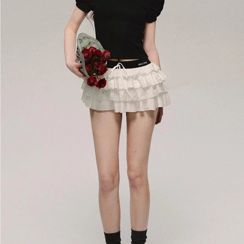 Deeptown Kawaii Sexy Ruffle White Mini Skirt Fairycore Cake Pleated Lace Up Short Skirts Coquette Casual Layered Patchwork Skirt