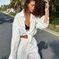 Bornladies Cotton Casual Pants Sets Women's Solid Color Cozy Lapel Long Sleeve Shirt Summer Outfit Elastic Waist Pants Suits