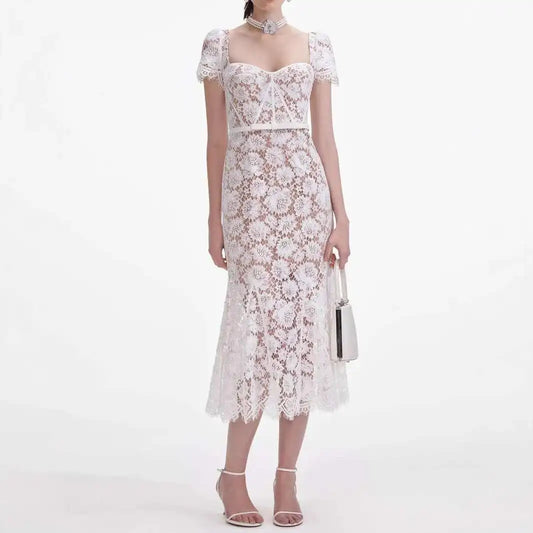 Luxury Hollow Out Long Lace Dresses Women Summer Sexy Hook Crochet Embroidery Flower Solid Backless Wedding Evening Vestidos