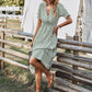Women's Causal Striped Tassel Medium Long Dress V Neck Button Short Sleeve Spring Summer Dress