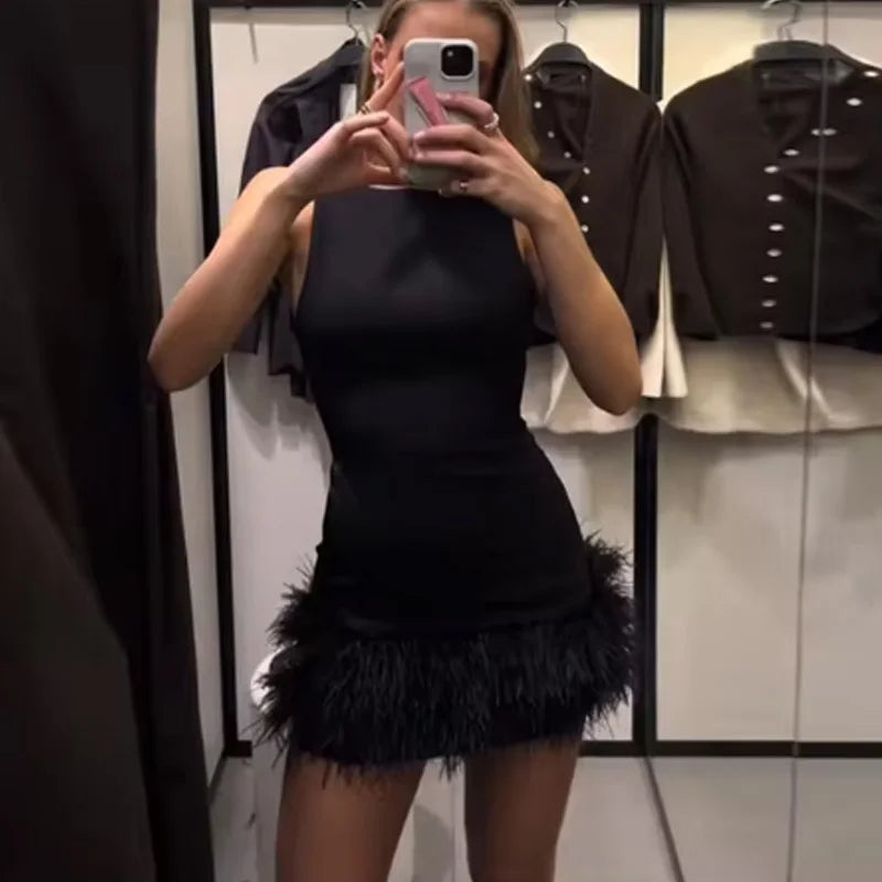 TRAF Women's Dress Feathers Sleeveless Mini Dress Elegant Black Short Dresses Bodycon Party Dresses Woman Vest Christmas Dress