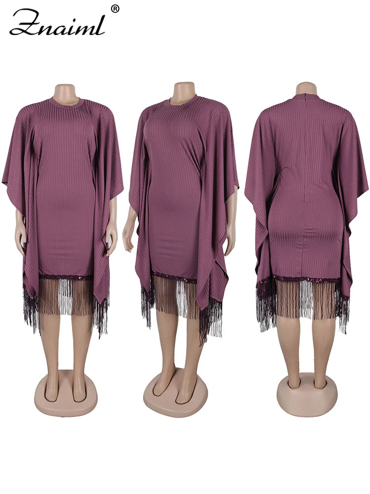 Znaiml Elegant Batwing Sleeve Tassel Slim Birthday Party Black Midi Dresses Women Sexy Evening Prom Bodycon African Vestidos New