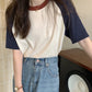 AOSSVIAO Summer Tops for Women Tshirt Turn Down Collar Short Sleeve Beige Blue Chic Y2k Fashion Patchwork 2025 T Shirts