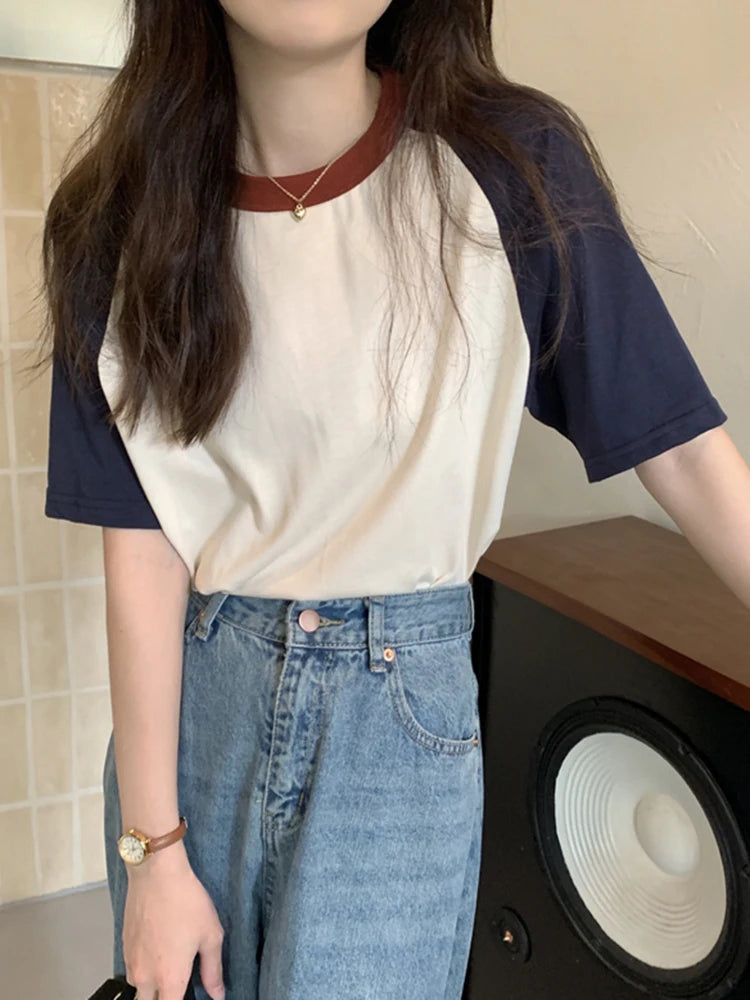 AOSSVIAO Summer Tops for Women Tshirt Turn Down Collar Short Sleeve Beige Blue Chic Y2k Fashion Patchwork 2025 T Shirts