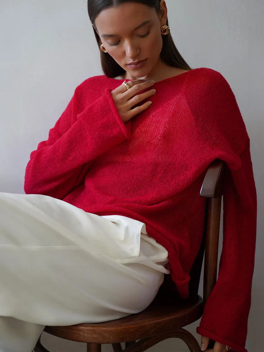 Original Fashion Hollow Out Knit Shirt Spring And Summer Women's Perspective Thin O-Neck Loose Elastic Long Sleeve Knit T-shirt