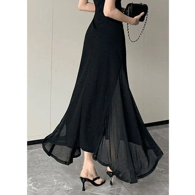 Korean V-Neck Spaghetti Strap Dress for Women Sexy Backless Waist-Tight Party Dresses Woman Elegant Black Sheer Midi Dress New