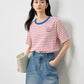 TOYOUTH Women Striped Short Sleeved T-shirt 2024 Summer New Academy Style Round Neck Top