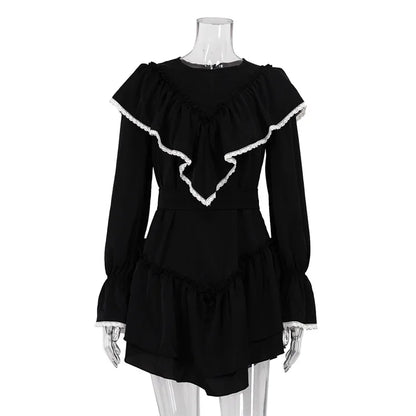 Jastie 2023 Autumn New Women's Dress Round Neck Long Bell Sleeve Ruffle Dresses Women's Temperament Design Short Black Dress