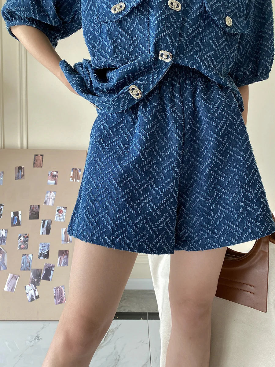 Women's Denim Short Sleeve Top and Shorts Two Piece Suit French Fashion Spring Summer Cowgirl Top Streetwear Korean Leisure New