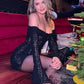 TARUXY Black Lace Flare Sleeve Dress One-Shoulder Women's Slim Tight Waist Sexy Gown Dress Elegant Strapless Long Fishtail Dress
