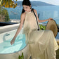 Vintage Women Beige Elegant Off Shoulder Evening Party Dress Summer Sleeveless Vacation Pleated Halter Cake Long Sundress Simple
