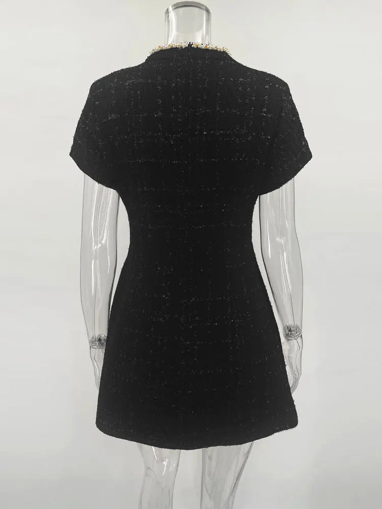 Tosssy Shiny Elegant Female MIni Dress Pocket Short Sleeve Patchwork Fashion Slim Party Dress Gown Women's Glitter Vntage Dress