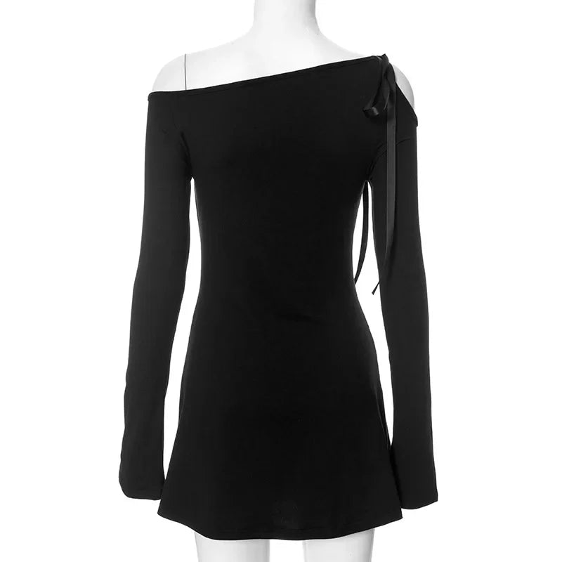 Black Dress For Women Streetwear Lace-up Inclined Collar Hot Vestidos Elegantes Para Mujer Long Sleeve Asymmetrical Y2k Clothes