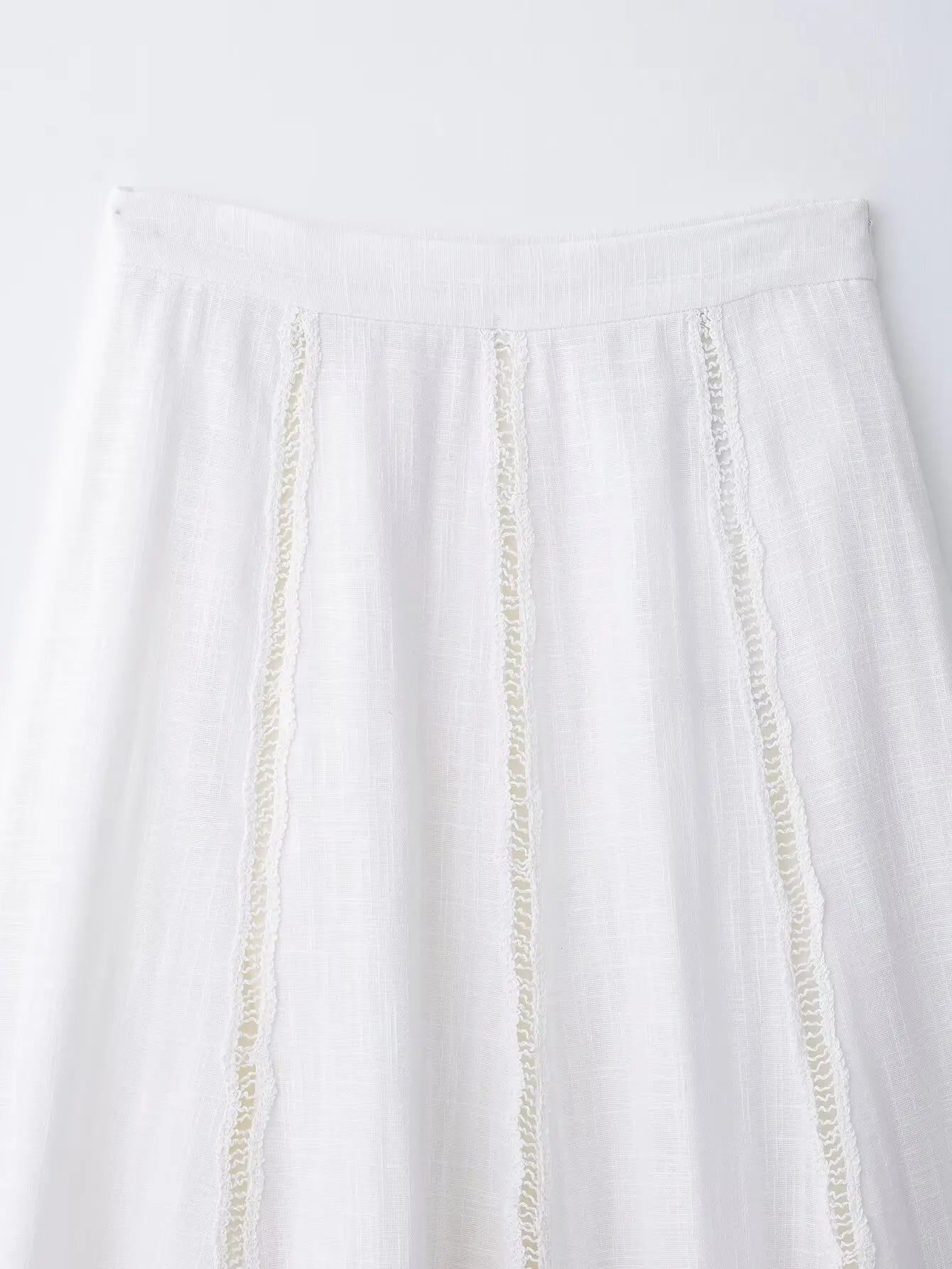 TRAFZA Women Fashion O-Neck Crocheting Details White Skirt Suit Short-sleeve Blouse+Side Zipper White Pleated Midi Se Long Skirt