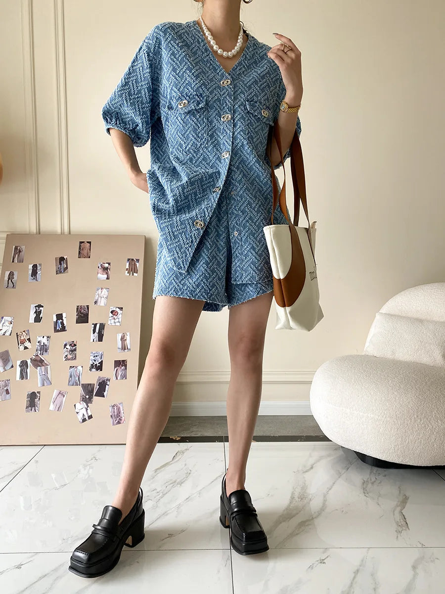 Women's Denim Short Sleeve Top and Shorts Two Piece Suit French Fashion Spring Summer Cowgirl Top Streetwear Korean Leisure New
