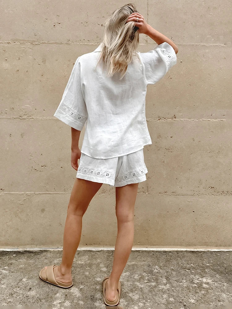 TARUXY Fashion White Cotton Linen Hollow Out Lace Up Top And Short Pants Suit Women's Loose Top Casual Splice Sets Lady Summer