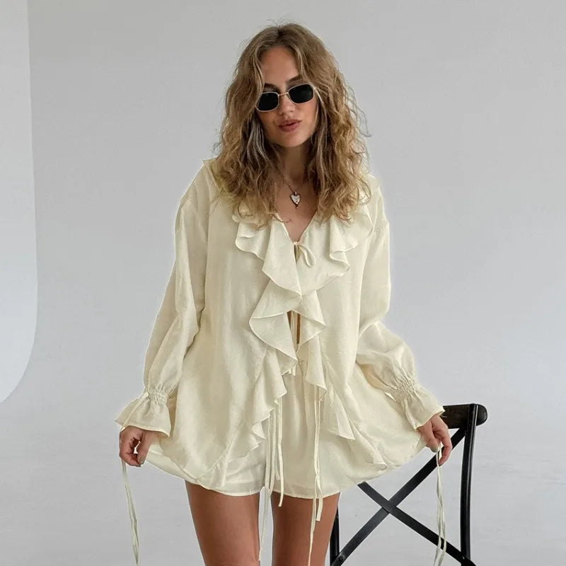 Tuularose New Casual Shorts Two-piece Set Women's Ruffled Loose Tie Top Simple Shorts Set Office Lady Summer Female Shorts Set