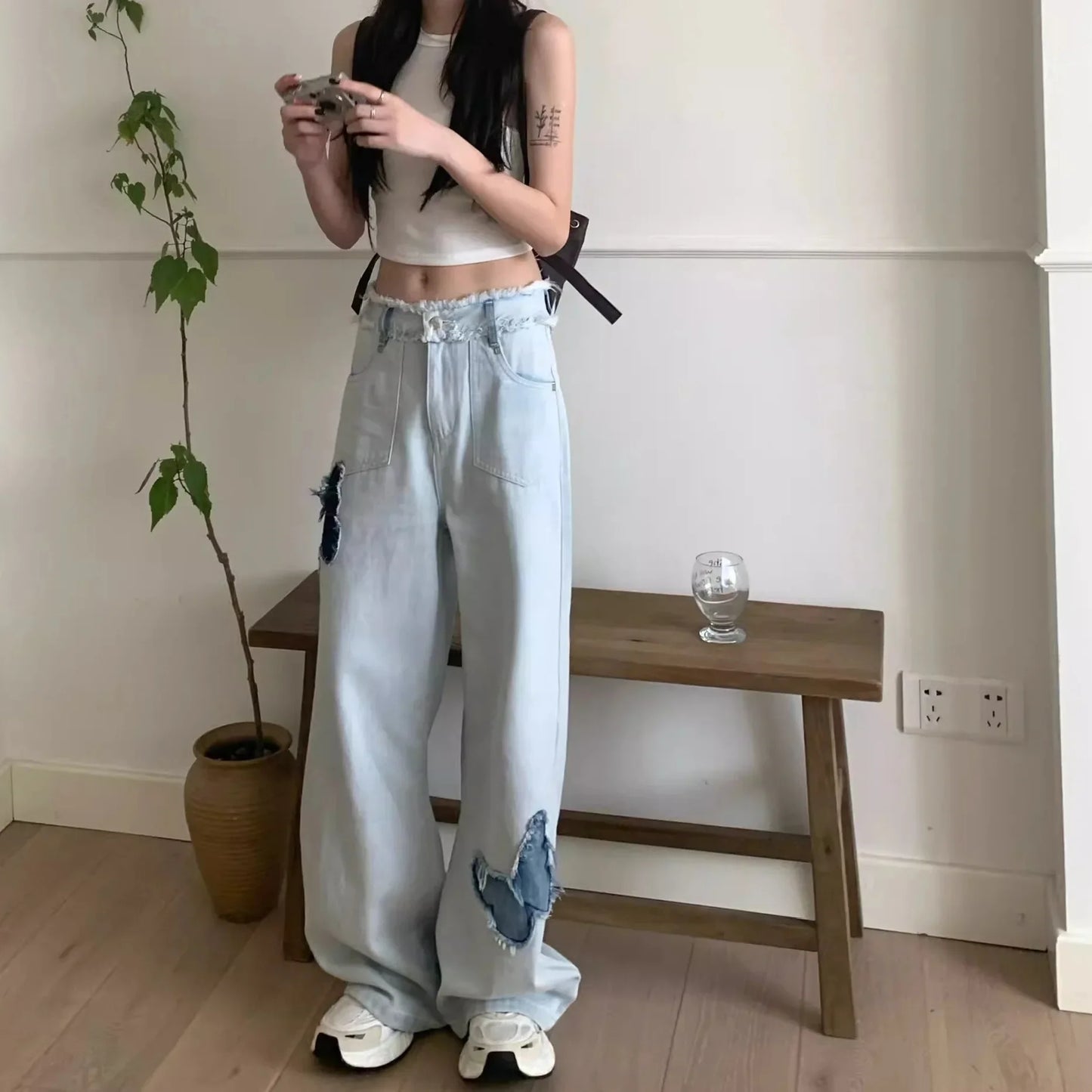 Korean Style High-Waisted Wide-Leg Jeans For Women Spring New Loose-Fit Shallow Blue Butterfly Hollow Out Straight-Leg Pants