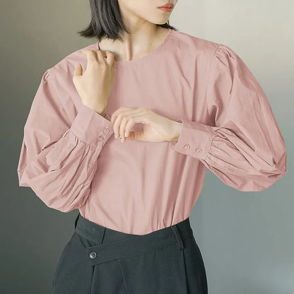 Japan Style Office Lady Elegant Vintage Blouse Women O-neck Loose Lantern Sleeve Shirts Solid All-amtch Blusas Autumn Ladies Top