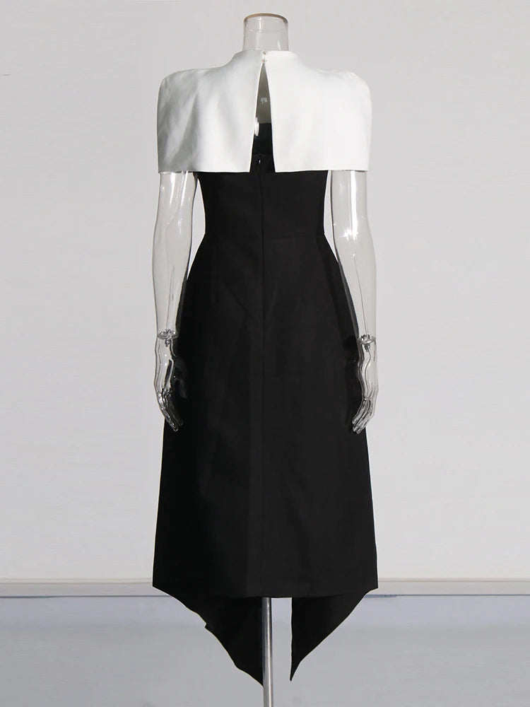 TWOTWINSTYLE Detachable Cloak Elegant Dresses For Women Square Collar Sleeveless High Waist Hit Color Split Dress Female Fashion