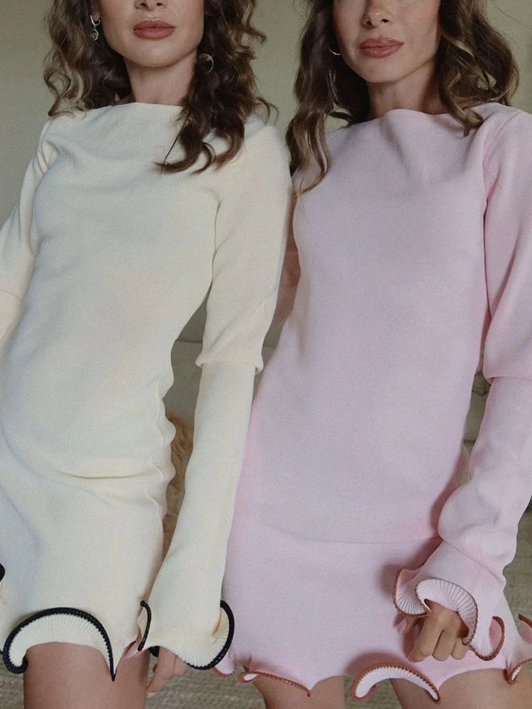 TARUXY Spring New Knitted Mini Dress For Women Fungus Contrast Color Slim Sweater Dress Elegant Female Party Clothes Long Sleeve