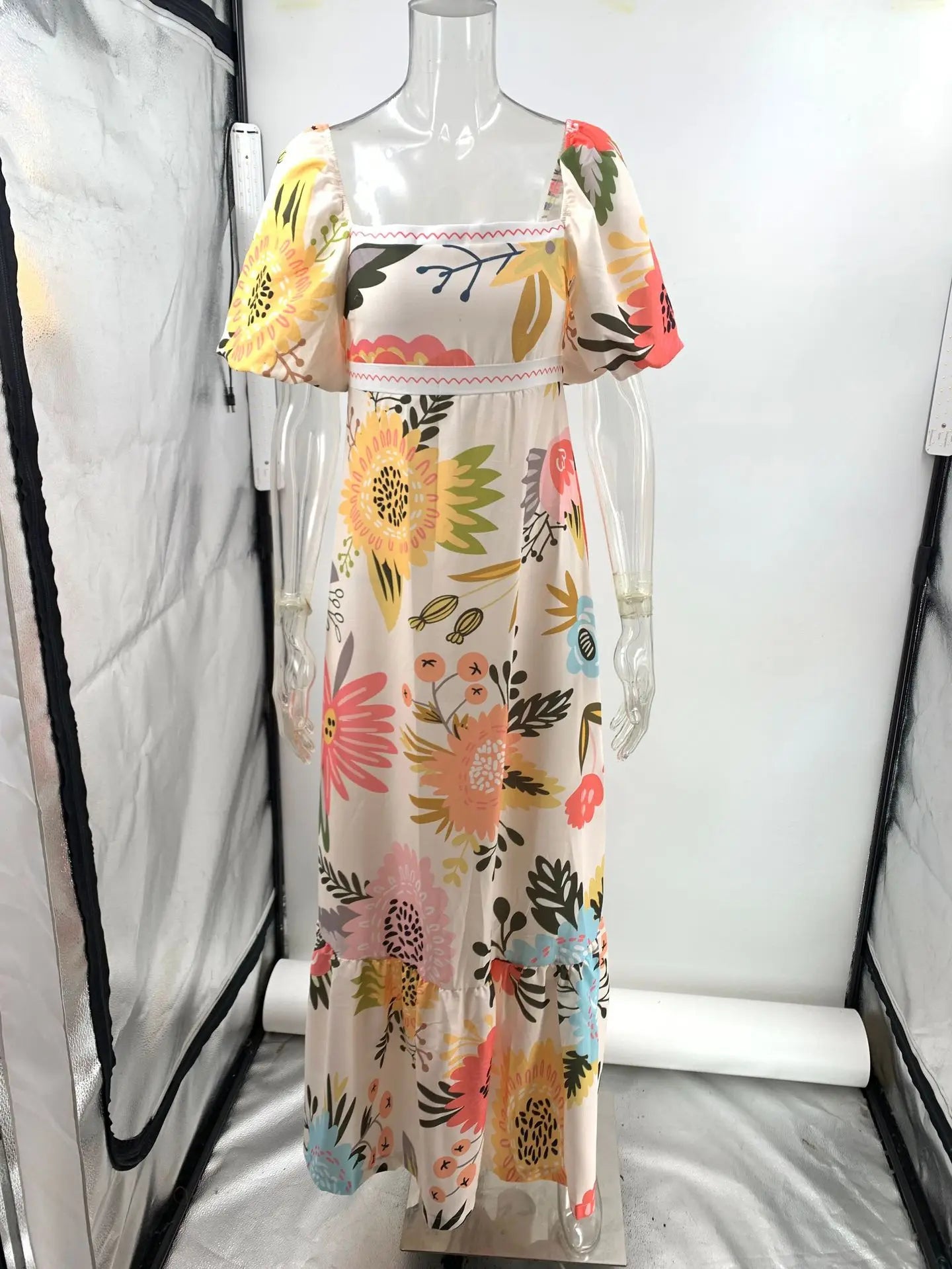 Fashion Square Collar Printed Long Dress Women Elegant Casual Short Puff Sleeved Dresses 2024 Summer Chic Female Vacation Robes