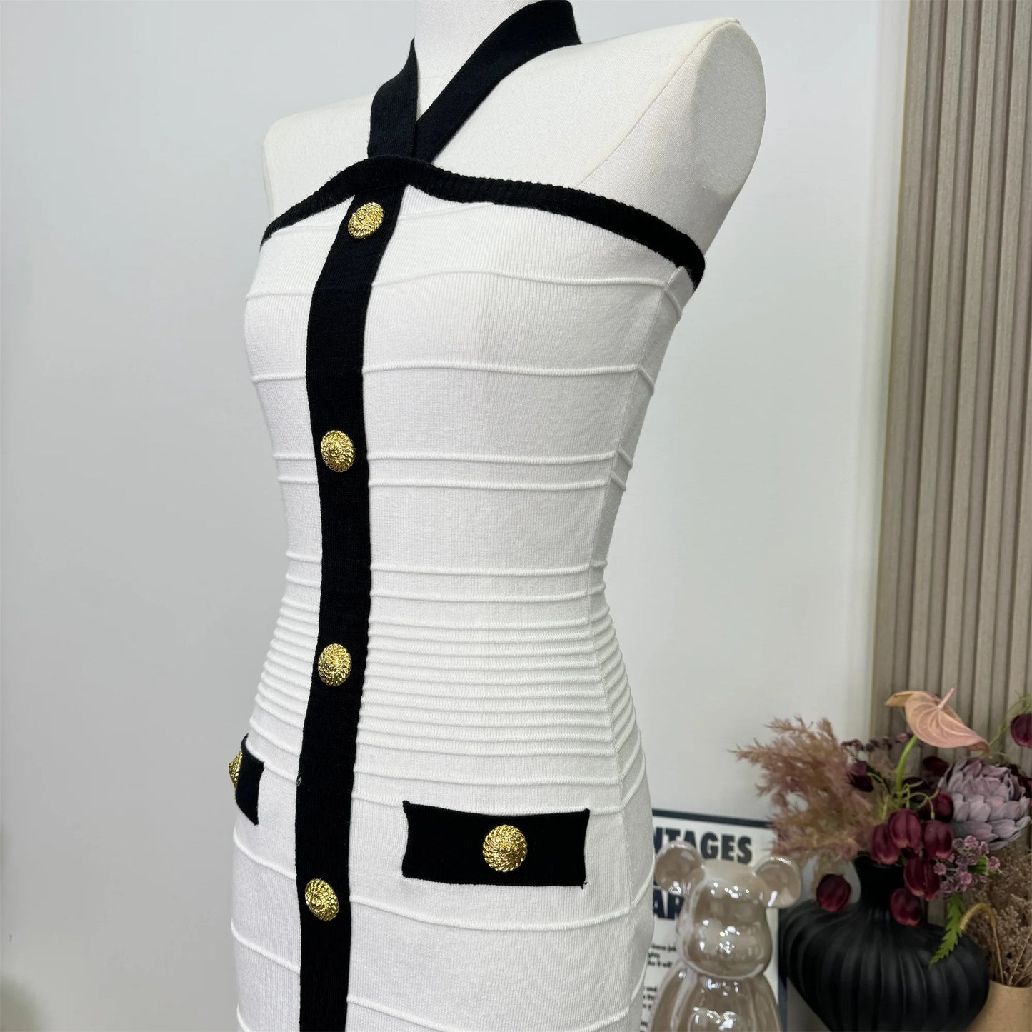 2025 Women Celebrity Sexy Backless Halter Button Bodycon Black Mini Bandage Dress Elegant Evening Club Party Dresses Vestidos
