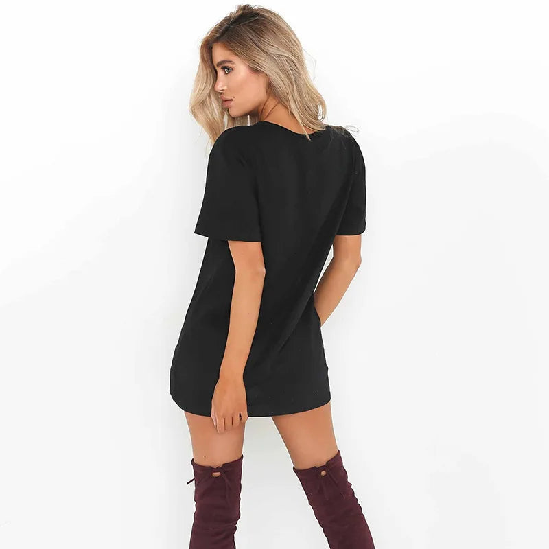 Summer Sexy Mini Black Dress 2025 V Neck Cut Out Loose Dress Women Elegant Short Sleeve Club Party Dress Solid Color Streetwear
