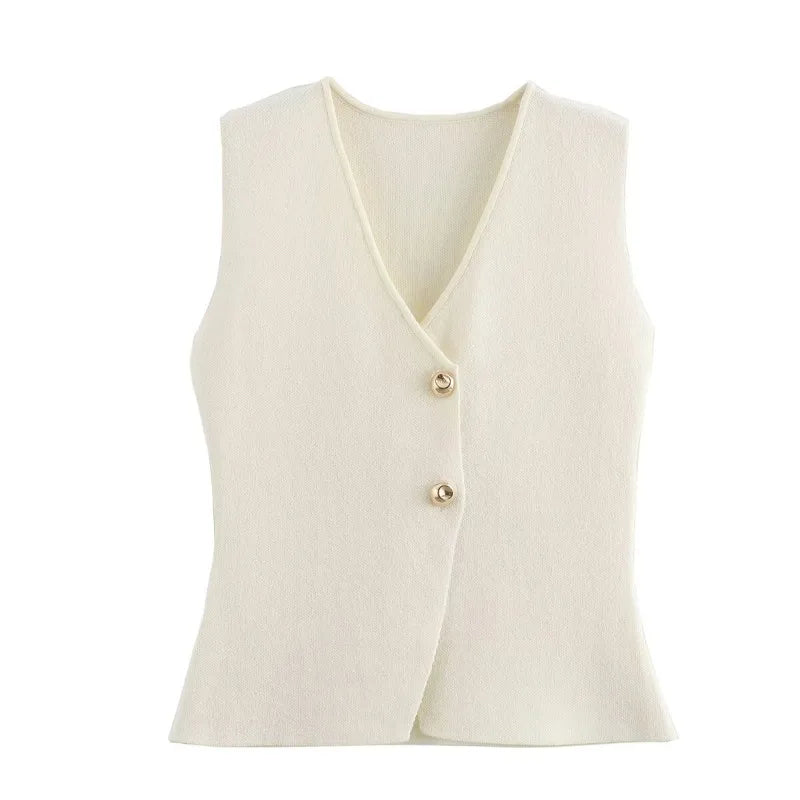 Talenza Women 2 Piece Set V-Neck Sleeveless Button Knitted Vest Top+Elegant Splicing High Waist Zipper Long Skirts Holiday Suits